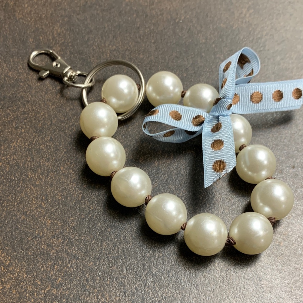 Elegant Beaded Keychain with Blue Polka Dot Ribbon